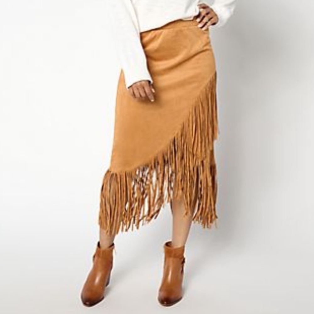 American West Camel Asymmetrical Fringe Midi Skirt - Picture 3 of 12
